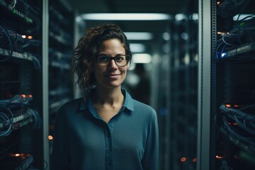 A woman stands confidently in front of a server in a room filled with servers, Portrait of smiling female technician in server room, AI Generated
