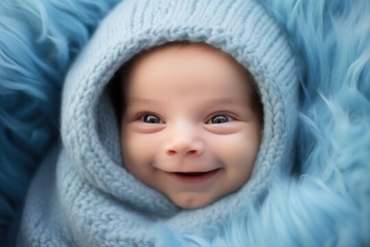 An adorable smiling baby wrapped in a soft blue blanket brings joy and happiness, Portrait of smiling newborn baby wrapped in blue blanket, AI Generated