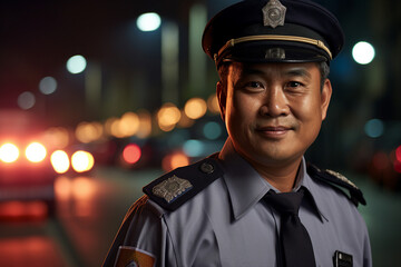 Obraz premium Young man woman working as police officer or cop closeup portrait blurred city background Generative AI