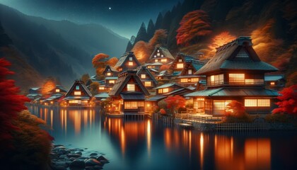 Tranquility of Twilight in a Traditional Chinese Village by the Lake with Cherry Blossoms