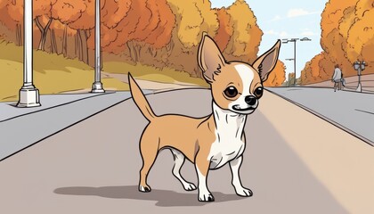 A brown and white dog standing on a road