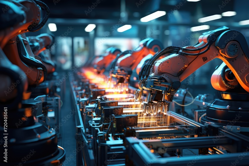 Poster robotic arms efficiently work on a conveyor belt in a factory, handling production tasks efficiently