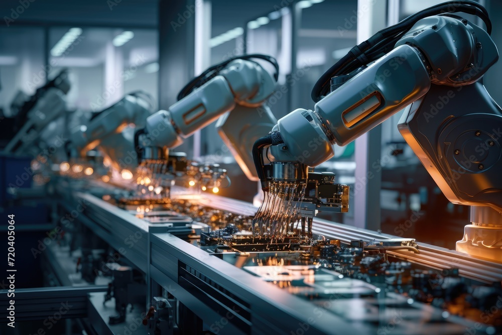 Poster a line of automated robotic arms efficiently working on a machine in a manufacturing facility, preci