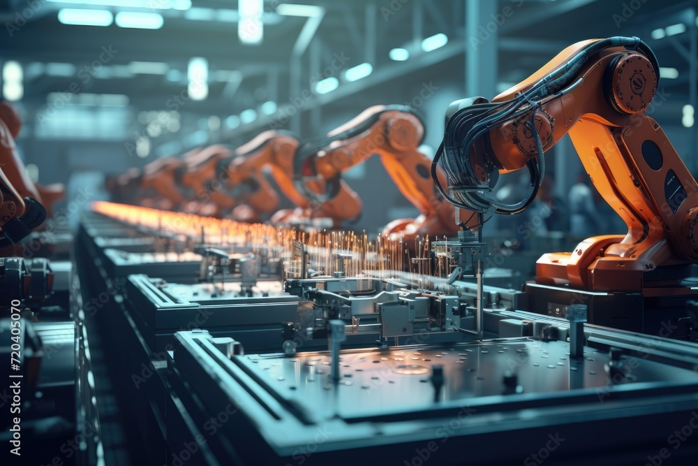Poster robotic arms efficiently perform tasks on a conveyor belt in a factory setting, precision robotic ar