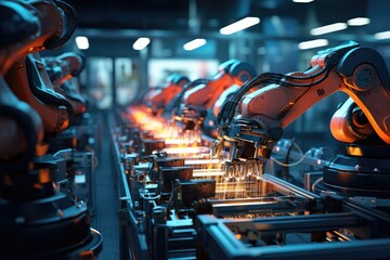 Robotic arms efficiently work on a conveyor belt in a factory, handling production tasks efficiently, Precision robotic arms assembling electronic components on a factory line, AI Generated
