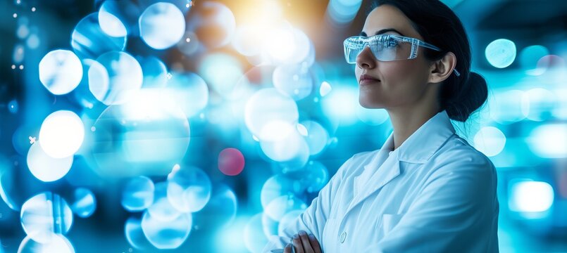 Female scientist in medical lab with team on blurred background, perfect for text placement