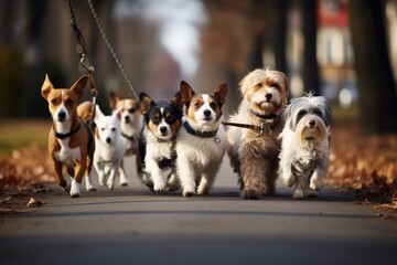 A collection of dogs of various breeds and sizes walking together down a city street, Professional...