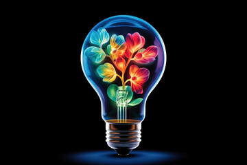 Light bulb with colorful flowers inside. Generative Ai