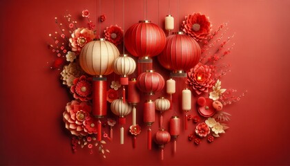 Festive Red Elegance. Chinese New Year Celebration with Lanterns and Blossoms