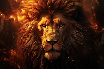 Lion in the fire. Fantasy portrait of a male lion. Generative Ai