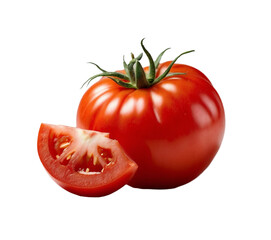 A red organic tomato in PNG format or on a transparent background. Decoration and design element for a project, banner, postcard, business. Fresh vegetable.