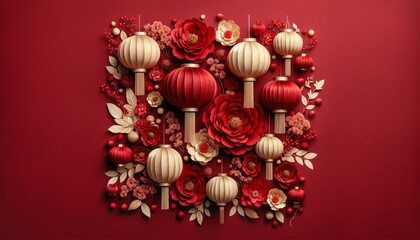Festive Red Elegance. Chinese New Year Celebration with Lanterns and Blossoms