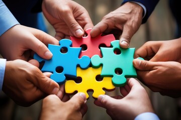 Group of People Collaboratively Holding Puzzle Piece Together, Puzzle, business hands and group of people for solution, teamwork and goals, AI Generated