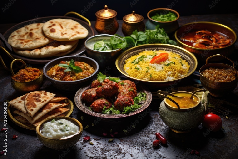 Wall mural A variety of delicious foods are displayed on a table, perfect for a large family gathering, Ramadan Iftar food, AI Generated - Wall murals