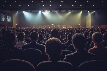 A group of individuals gathered closely together, seated in front of a platform, Rear view of people in audience at the conference hall, AI Generated