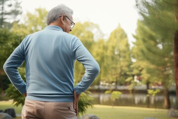 A man stands confidently in a park, his hands resting on his hips, Rear view shot of an elderly man with back pain and visible cervical spine, AI Generated