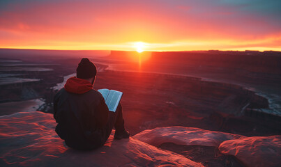 Man Reading Studying Bible Book Mountain Landscape