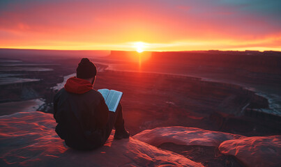 Obraz premium Man Reading Studying Bible Book Mountain Landscape