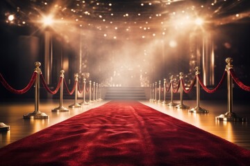 Red Carpet on Red Carpet With Gold Poles, Elegant Pathway for Exclusive Events, Red carpet rolling out in front of glamorous movie premiere background, AI Generated