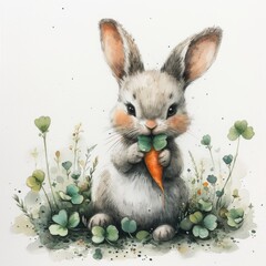 Fototapeta na wymiar Whimsical Watercolor Bunny Nibbling Carrot with Clovers Generative AI