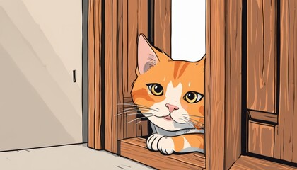 A cartoon cat peeking out from a door