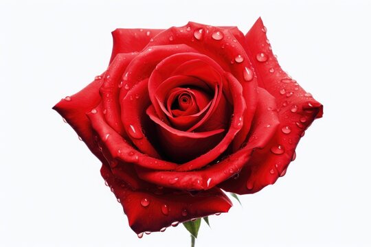 This striking image showcases the delicate beauty of a single red rose, adorned with glistening water droplets, red rose isolated on the white background, AI Generated