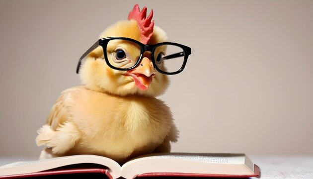 Cute little chicken in eye glasses and with a book created with generative ai