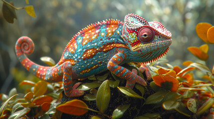 illustration of cute print of colorful chameleon on leaf