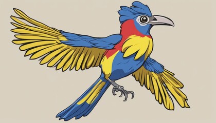 A colorful bird with blue, yellow, and red feathers