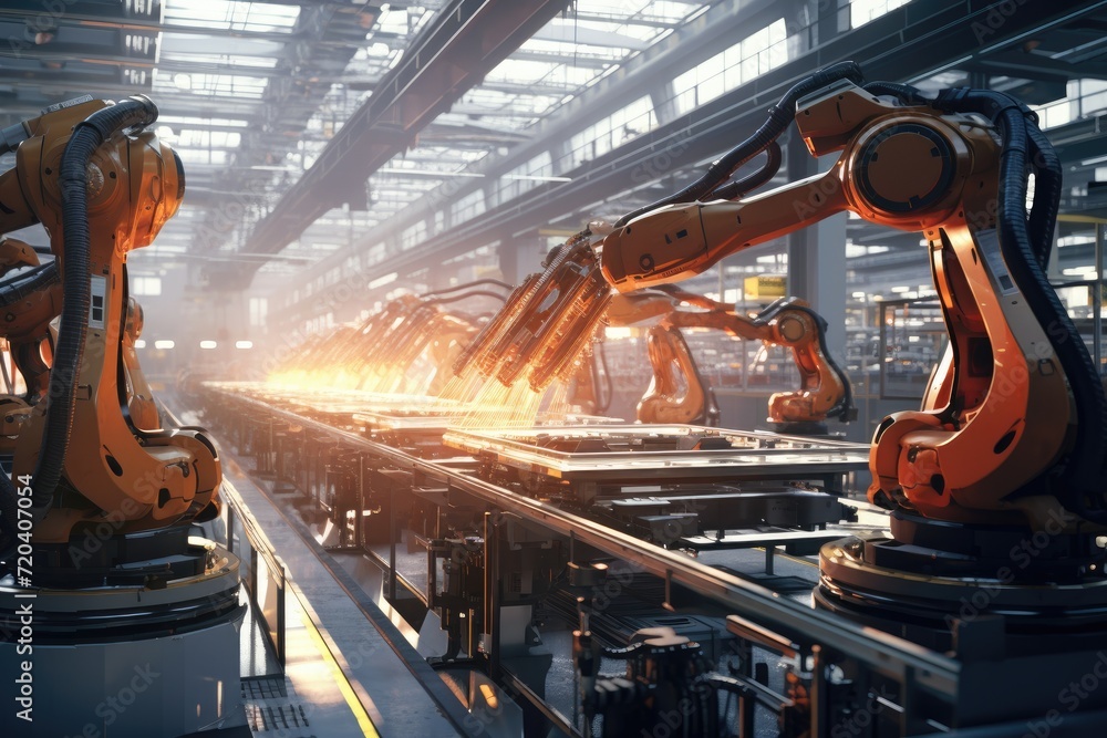 Poster A bustling factory floor filled with a wide range of machines and machinery designed for various industrial processes, Robotic assembly line in an automotive factory, AI Generated