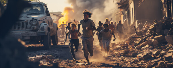 People running away from bombs attack. - obrazy, fototapety, plakaty