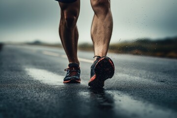 A lone figure, wearing athletic gear, runs quickly on a wet road while rain pours down, Runner feet running on road, AI Generated