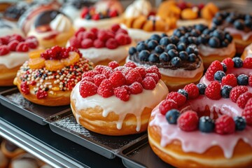 A close-up of a platter of berries-topped doughnuts. Generative Ai.