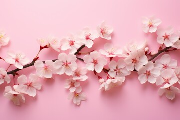 Fototapeta na wymiar Cherry blossom flowers on pink background Banner with flowers on light pink background. Greeting card template for Weddings, mothers or Women's day. Ai generated