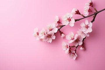 Obraz premium Cherry blossom flowers on pink background Banner with flowers on light pink background. Greeting card template for Weddings, mothers or Women's day. Ai generated