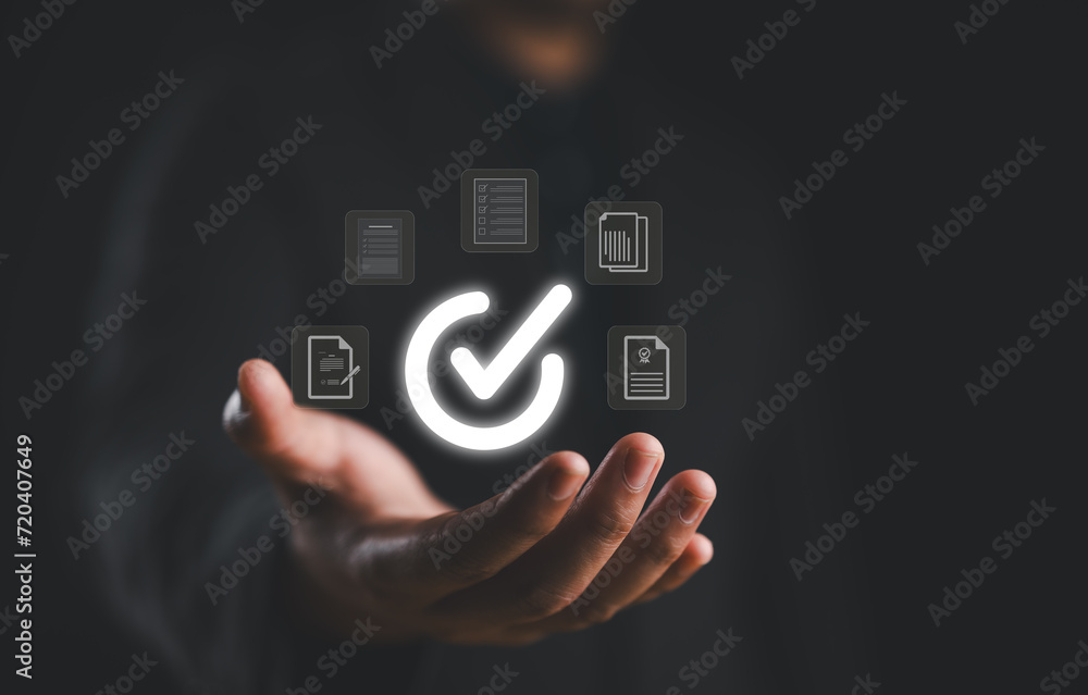 Poster client's service and guarantee check mark in business automation, businessman with guarantee check f