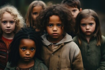 A diverse group of smiling children of different ages standing in a row, forming a united front, Sad serious Multiethnic poor little children looking at the camera, AI Generated - obrazy, fototapety, plakaty