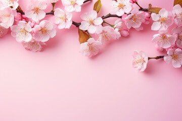 Cherry blossom flowers on pink background Banner with flowers on light pink background. Greeting card template for Weddings, mothers or Women's day. Ai generated