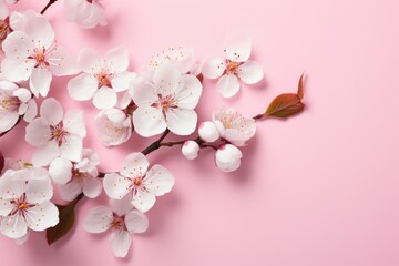 Fototapeta na wymiar Cherry blossom flowers on pink background Banner with flowers on light pink background. Greeting card template for Weddings, mothers or Women's day. Ai generated