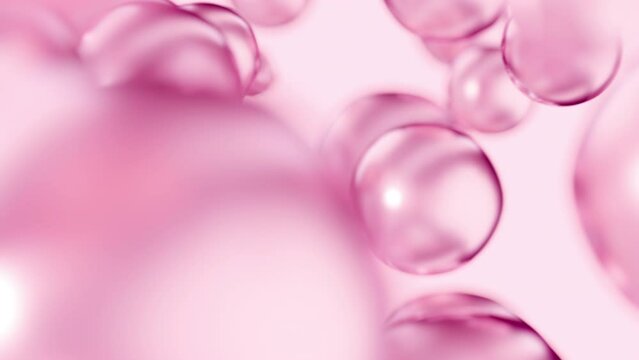Essential cosmetic oil bubbles floating in water. Pink liquid sphere shaped, fluid flow background. Moisturizing hydrating collagen cream. Skin care serum beauty care vitamin concept 3d animation