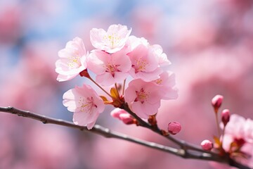 Cherry blossom flowers on bokeh background Banner with flowers on light pink background. Greeting card template for Weddings, mothers or Women's day. Ai generated