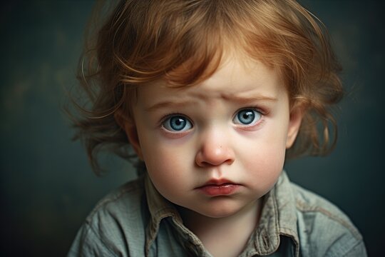 A captivating image of a young boy with striking blue eyes looking directly into the camera, Sadness baby looking at camera, AI Generated