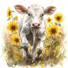 Whimsical Watercolor Calf Learning to Run Surrounded by Sunflowers Generative AI