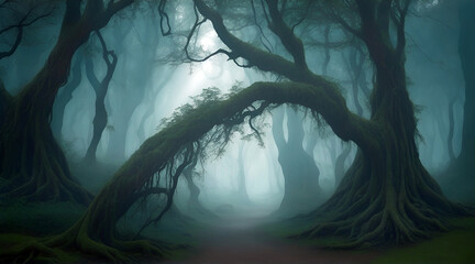 A mysterious forest shrouded in mist where ancient trees with gnarled branches - obrazy, fototapety, plakaty