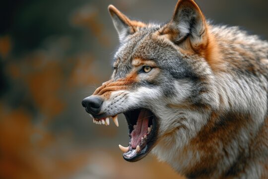 A close-up of a wolf's jaws gaping in its face. Generative Ai.