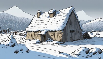A snow covered cabin in a mountainous area