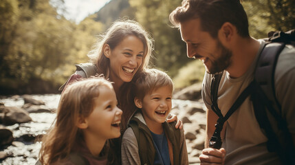 Obraz premium A family laughing and happy hiking next to a creek