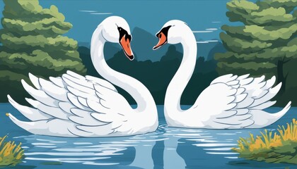 Two white swans in a pond