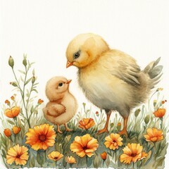 Whimsical Chick Learning to Peck Surrounded by Marigolds Generative AI