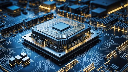 A circuit board with a glowing microchip in the center.The image represents the intersection of computer science and artificial intelligence, showcasing the potential of machine learning technologies.